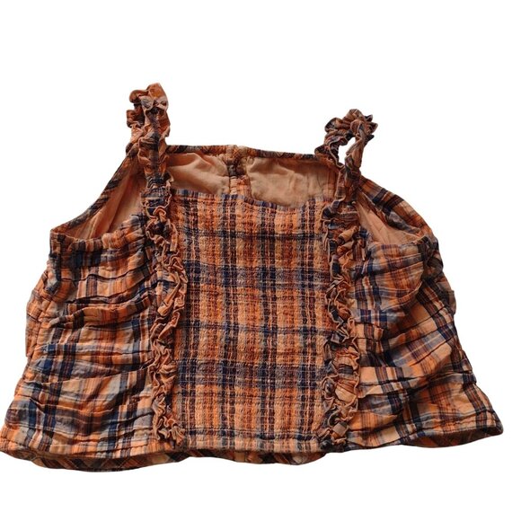 Anthropologie Verb Ruffled Plaid Top 2X Orange Navy Smocked Cotton Blouse - Picture 9 of 12